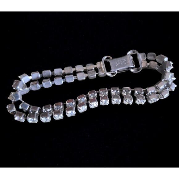 Vintage Rhinestone Silver Tone Double Strand Tennis Bracelet Signed Coro - Picture 1 of 10